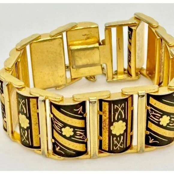 Vintage Damascene Links Bracelet Gold-Tone Metal with Etched Black Floral Motif~ - Picture 4 of 8